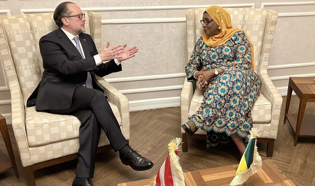 Links sitzt Alexander Schallenberg in einem beigen Sessel, rechts Annette Seck Ndiaye vom senegalischen Außenministerium. 